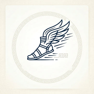 Line drawing of a sandal with wings on a decorative border