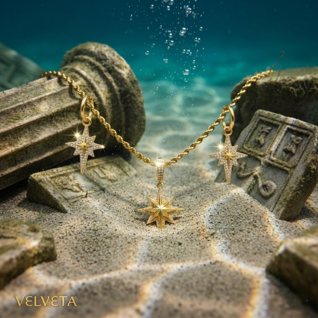 Gold star-shaped necklace and earrings on a sandy underwater background with 'VELVETA' branding.