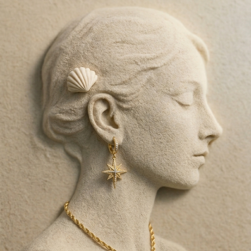 Statue of a woman wearing gold earrings and a shell hair accessory.