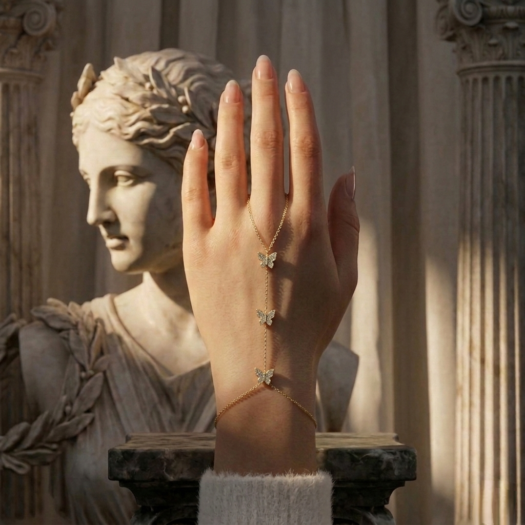 Hand wearing a gold bracelet with butterfly charms in front of a classical statue.