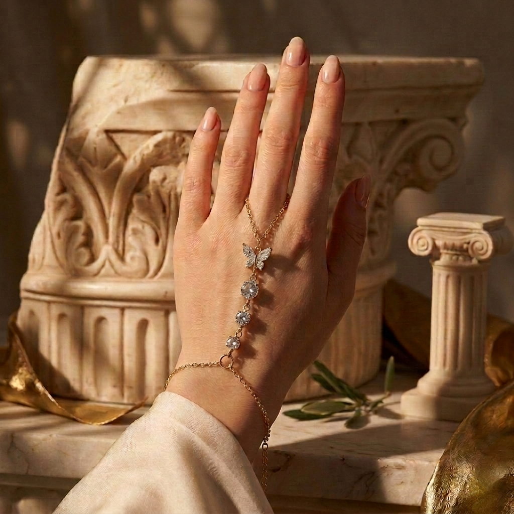Hand wearing a delicate bracelet with butterfly charm against classical architecture