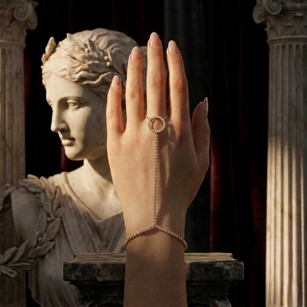 Hand wearing a ring with a classical statue in the background
