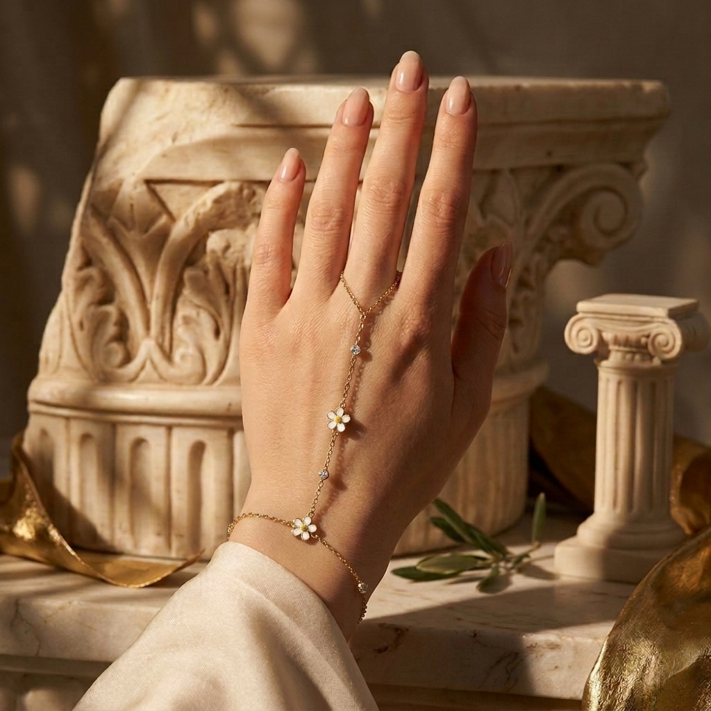Hand wearing a delicate gold bracelet with floral designs against a classical architecture background.