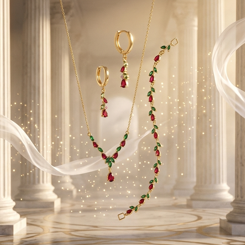 Velveta jewelry set with necklace, earrings, and red and green gemstones in a classical setting.