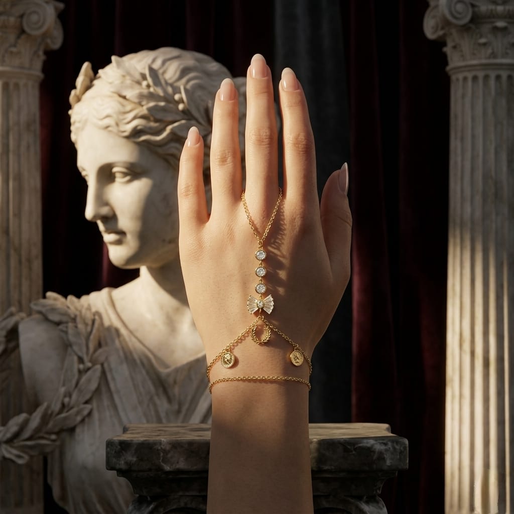 Hand wearing a gold bracelet with a statue in the background