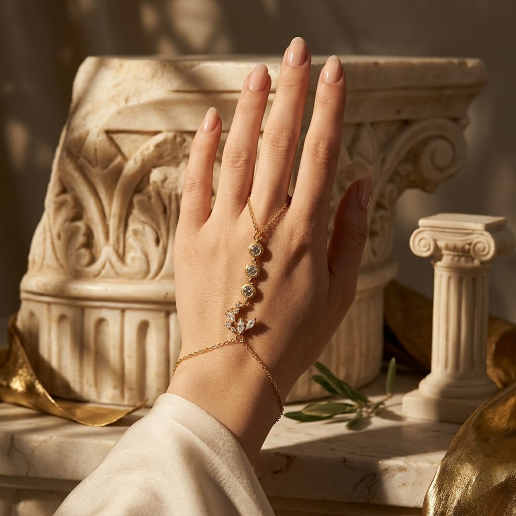 Hand wearing a gold bracelet with decorative elements against a classical architectural background