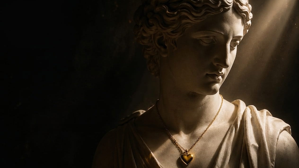 Gold heart-shaped pendant on a sandy archaeological site with sunlight filtering through.slider_item_MTtU4n