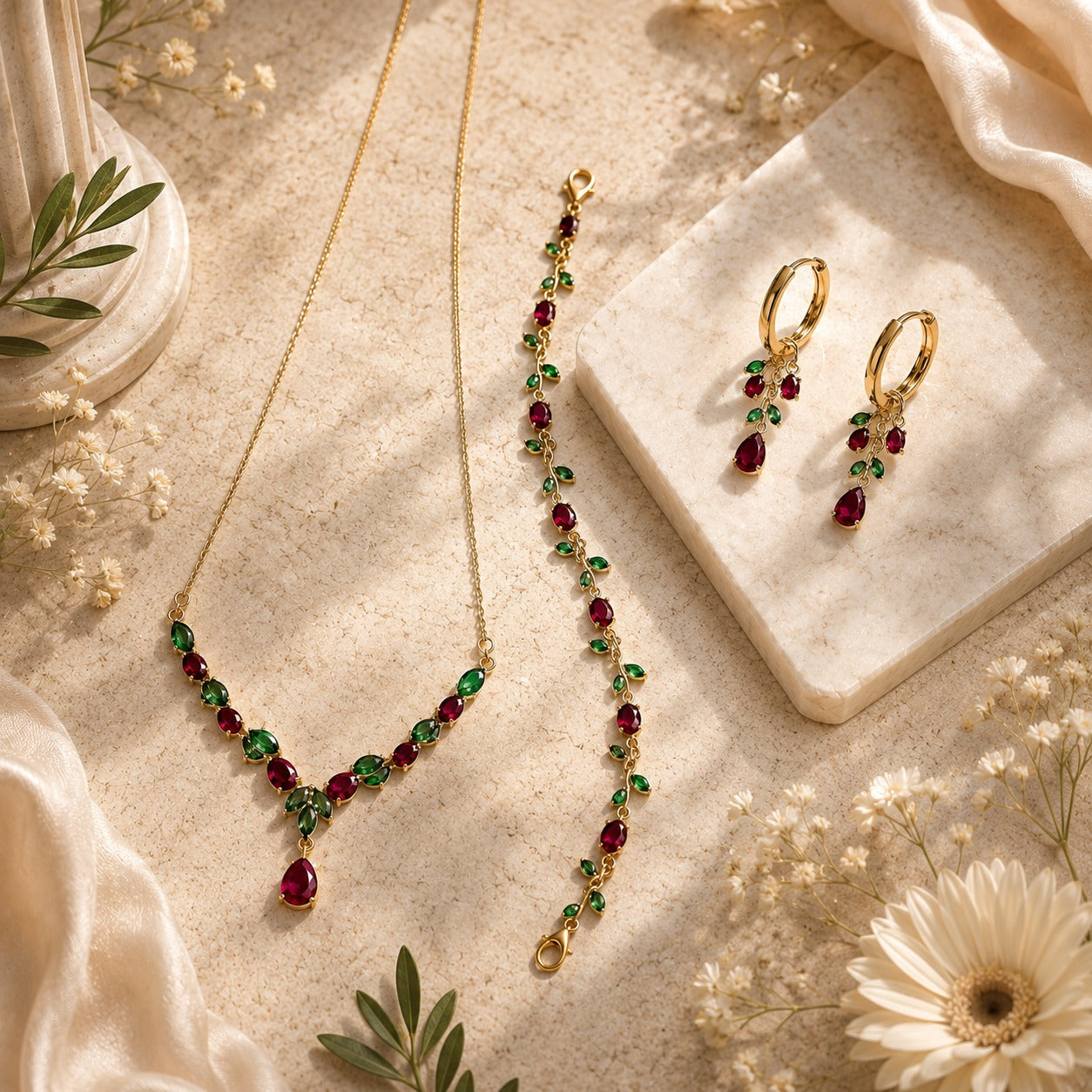 Jewelry set with necklace and earrings on a beige surface with flowers and leaves.