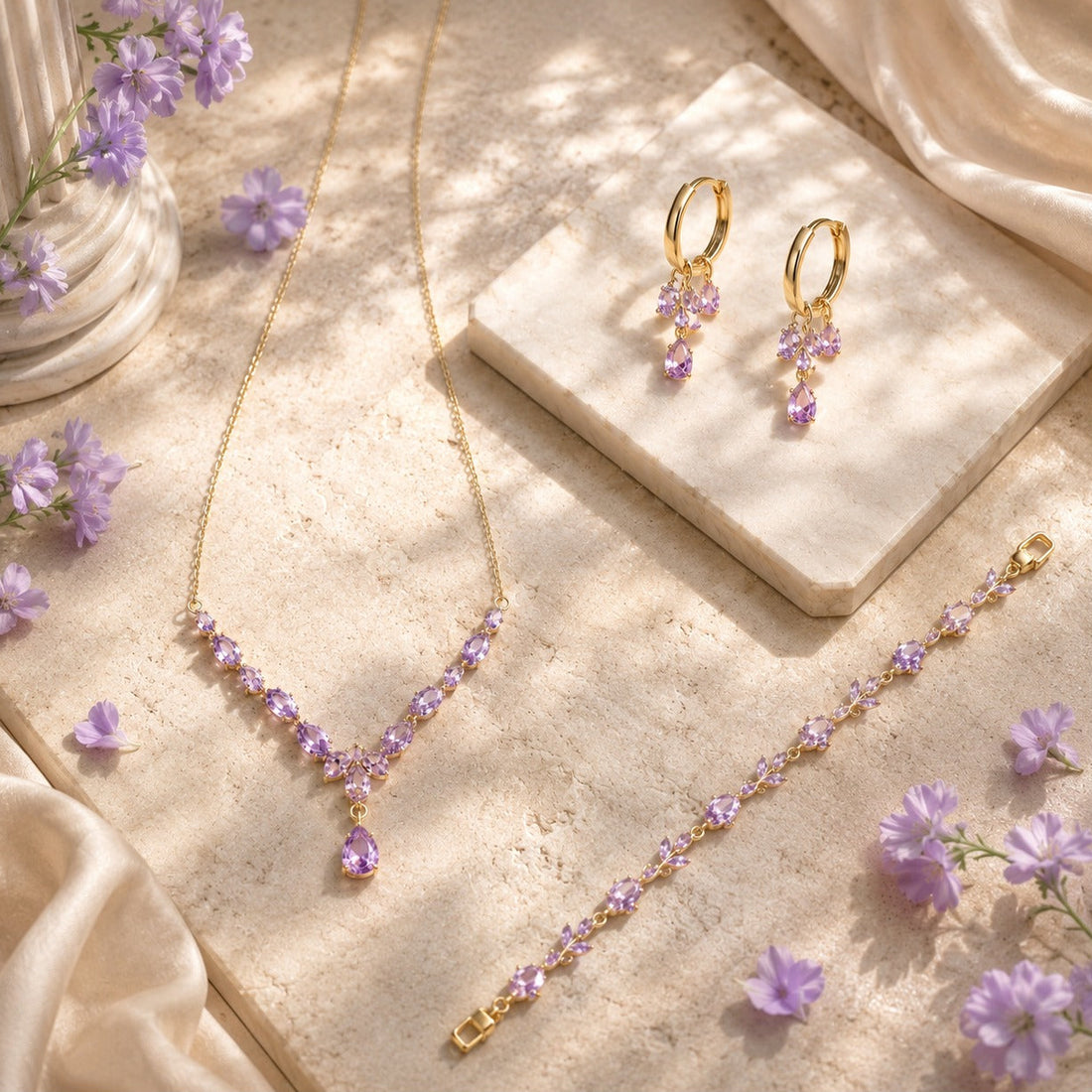 Velveta jewelry set with necklace, earrings, and red and green gemstones in a classical setting.