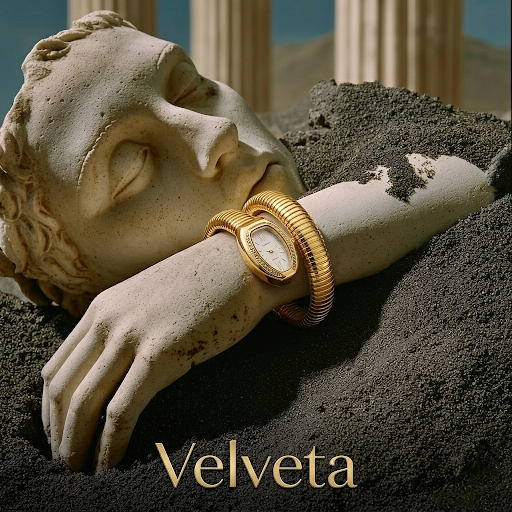 Hand wearing gold watch and pearl bracelet on decorative pedestal with 'Velveta' branding.