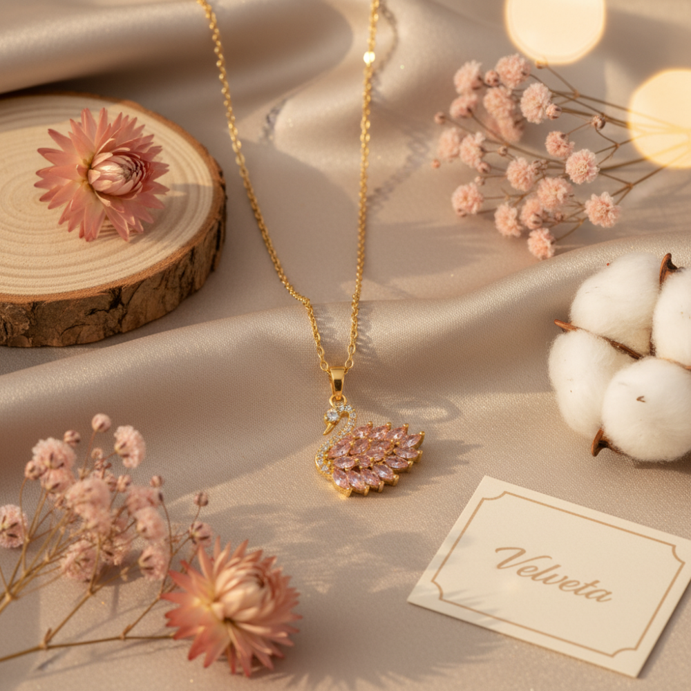 Gold necklace with a pink heart-shaped pendant on a soft beige surface with flowers and cotton.