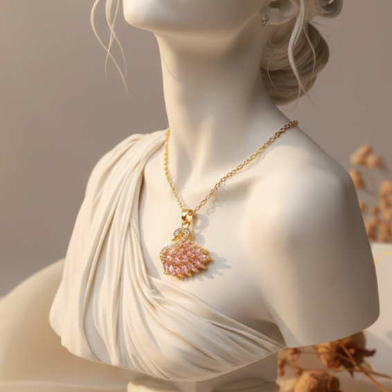 White marble bust of a woman with a necklace, placed on a neutral background with dried flowers.