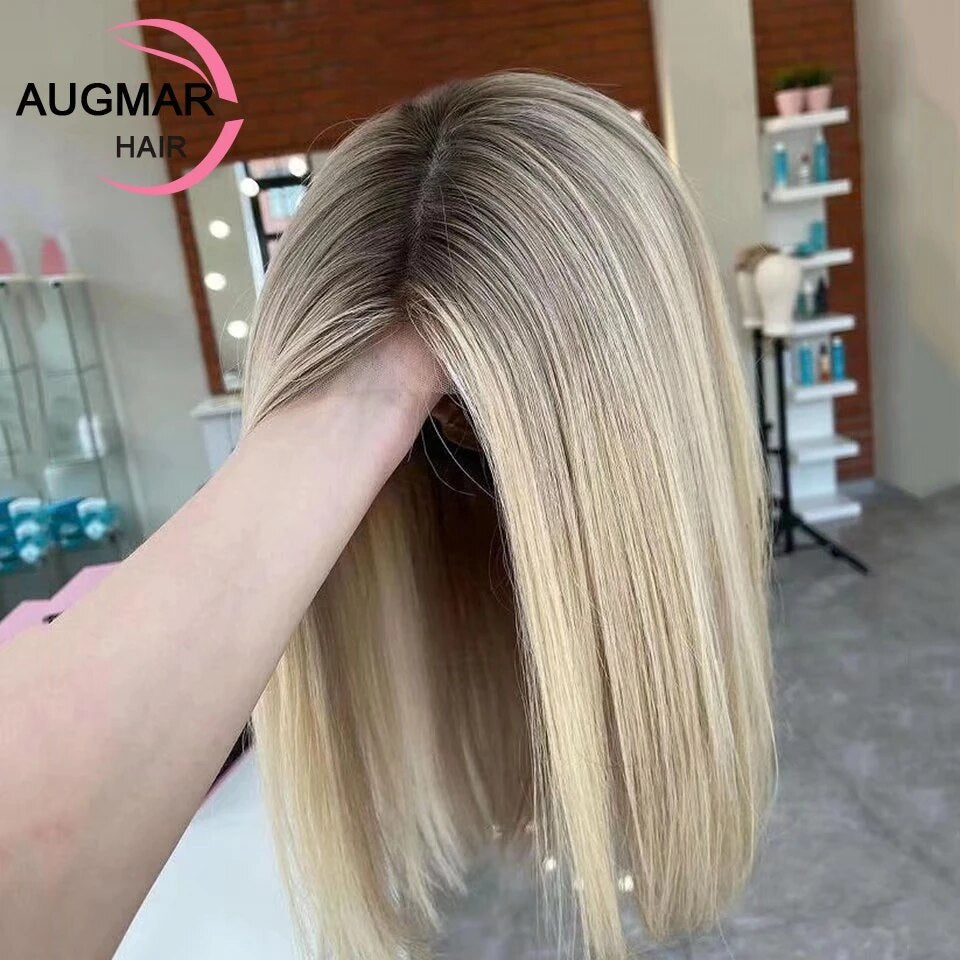 13X4 Ash Blonde Lace Front Wig Human Hair 360 Lace Frontal Wig Short Brown Highlight Wig 13X6 HD Human Hair Bob Wigs for Women