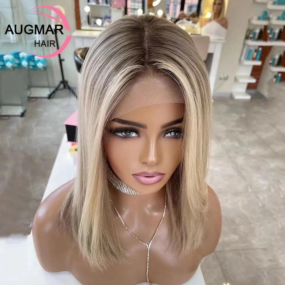 13X4 Ash Blonde Lace Front Wig Human Hair 360 Lace Frontal Wig Short Brown Highlight Wig 13X6 HD Human Hair Bob Wigs for Women