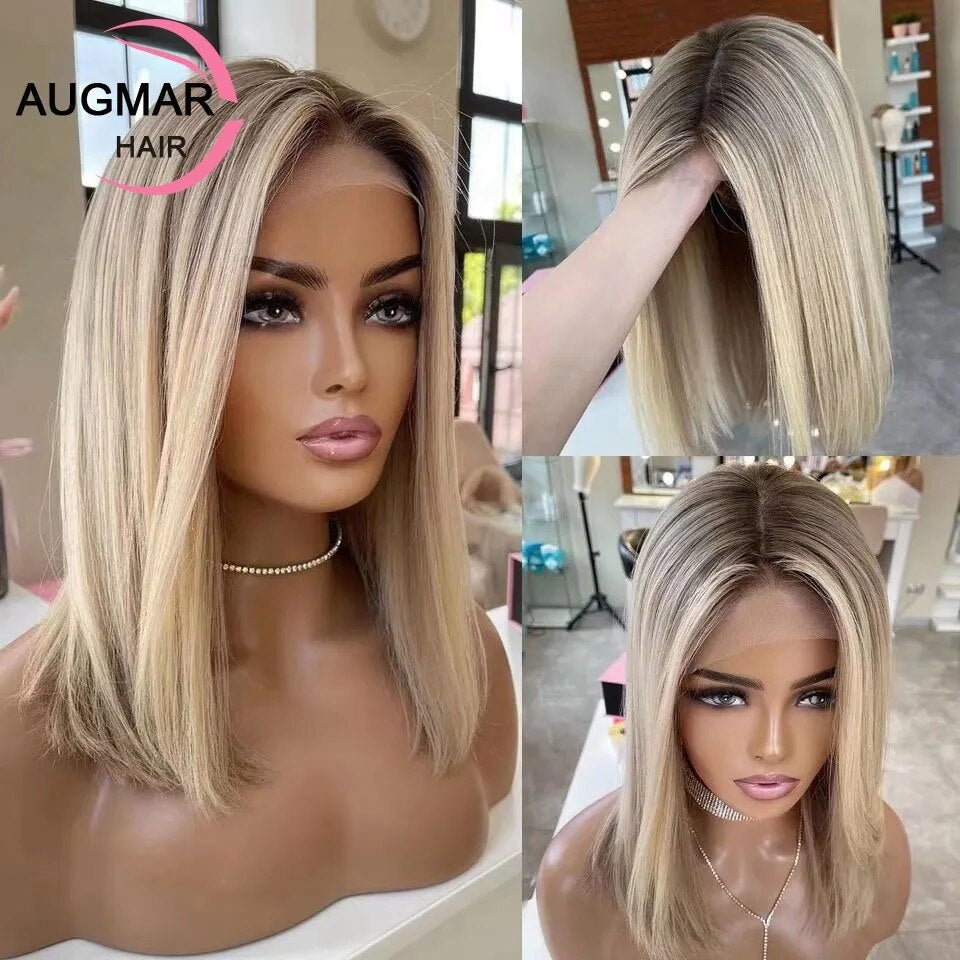 13X4 Ash Blonde Lace Front Wig Human Hair 360 Lace Frontal Wig Short Brown Highlight Wig 13X6 HD Human Hair Bob Wigs for Women