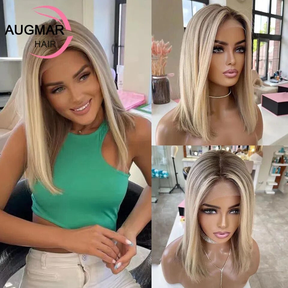 13X4 Ash Blonde Lace Front Wig Human Hair 360 Lace Frontal Wig Short Brown Highlight Wig 13X6 HD Human Hair Bob Wigs for Women